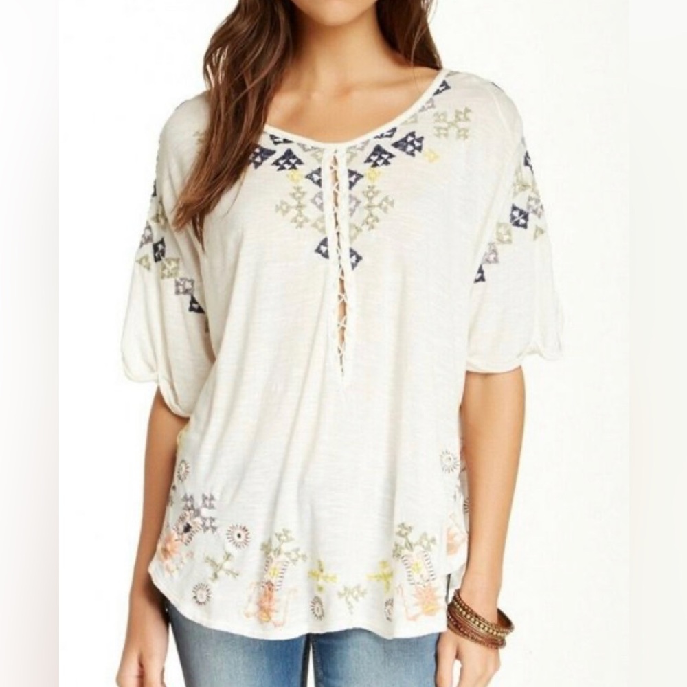Free People Women’s Rosalita Lace Up Embroidered Oversized Top Size Medium